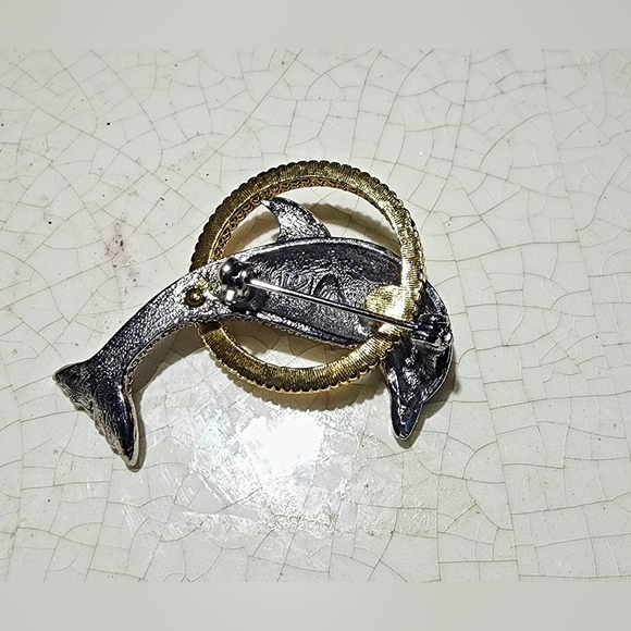 Vintage Liz Claiborne Silver brush dolphin w/sapphire jumping through gold hoop - Picture 3 of 4